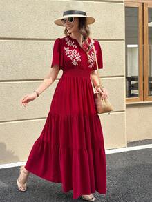 Solivie Women's Long Embroidered Dress, Red Elegant Vacation Dress, Spring/Summer Summer Dress Vacation Outfits Women Floral Dress Red Elegant Dress Women Embroidered Dresses For Women Red Casual Dress Women's Maxi Dress Wedding Guest Dress Birthday Dresses For Women Floral Dress Red Dress Boho Red Dress Red Casual Maxi Dress Elegant Red Dress For Women  Summer Vacation Outfits Women Going Out Outfits - Red - View 5