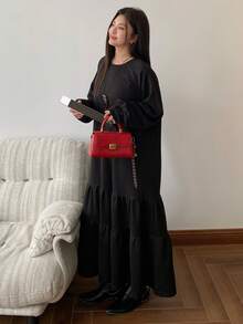 Dazy Plus 时尚宽松灯笼袖A字连衣裙，荷叶边下摆拼接设计，休闲大码女装，春秋季连衣裙 - 黑色 - 查看 5