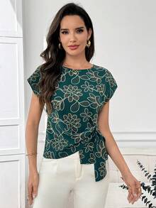 Miaspire Women's Floral Pattern Round Neck Asymmetric Hem Casual Top - Multicolor - View 5