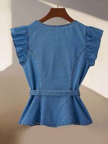 GlowEve Women's Single-Breasted Casual Denim Blouse With Flared Sleeves - Medium Wash - View 3