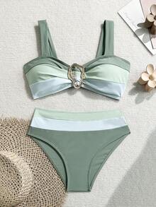 Swim Vcay Plus Size Color Block Design Metal Decor Women's Bikini Set - Multicolor - View 3