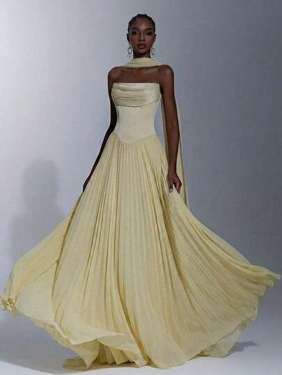 Elitara Elegant Pale Yellow Minimalist & Chic Satin & Chiffon Splice Draped Neck Pleated Hem A-Line Maxi Dress, Adjustable Size (Detachable Neck Strap Included), Suitable For Dates, Vacations, Singles Parties, Weddings, Women's Evening Gowns