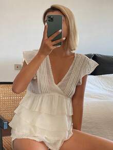 DAZY Women's Solid Color V-Neck Ruffle Casual Fashionable Blouse - White - View 5