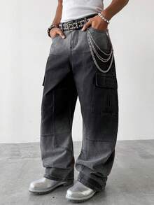 PAVTROS Men's Street Fashion Casual Multi-Pocket Patched Pleated Wide-Leg Black Jeans - Black - View 3