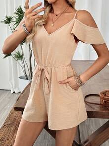 EMERY ROSE Women's Summer Casual Solid Color Off-Shoulder Jumpsuit - Apricot - View 5