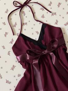 Elamini Women's Deep V-Neck Lace Splice Spaghetti Strap Tie Waist A-Line Loose Romantic Date Mini Dress, Sexy European Style, Summer - Burgundy - View 4