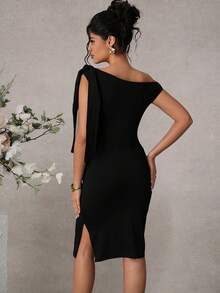 SHEIN Maternity Sexy Asymmetrical Shoulder Ruffle Bodycon Dress, Waist Cinching, Flattering Silhouette - Black - View 2