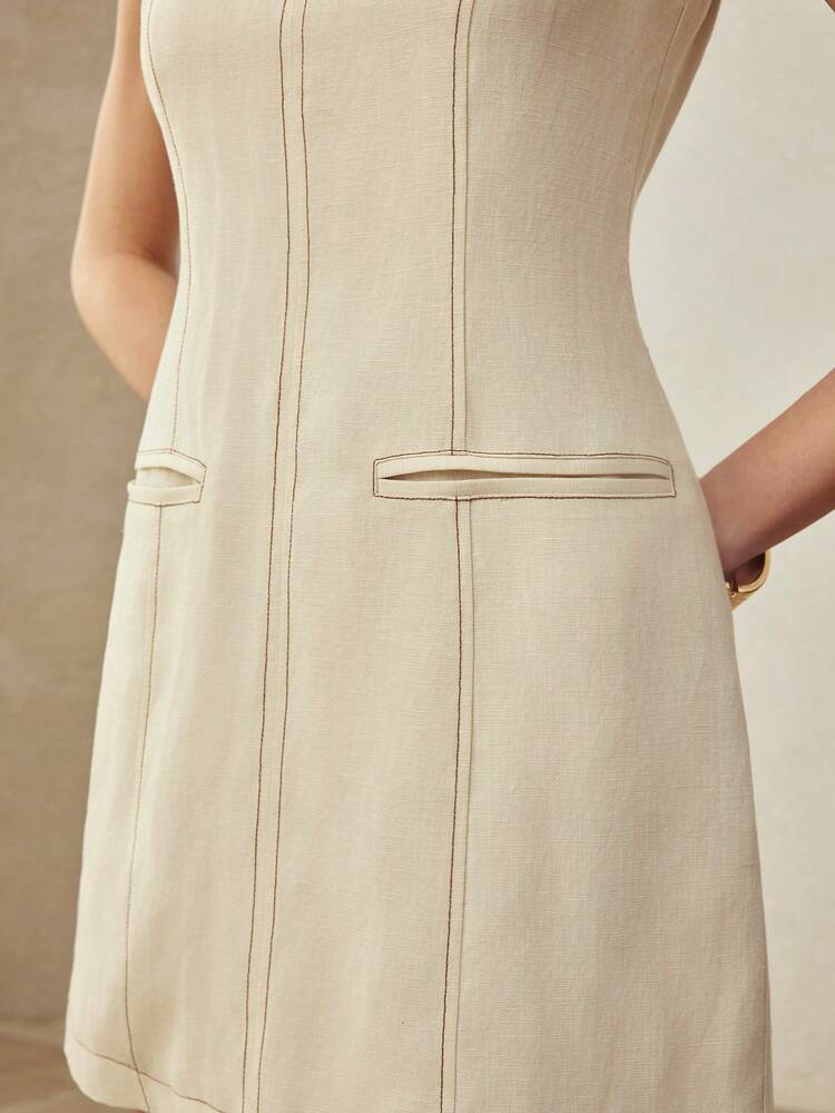 LINEN COLORBLOCK SLEEVELESS SHORT DRESS, CASUAL WEAR & DATE