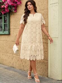 Reflora Plus Size Casual Solid Color Lace Dress - Apricot - View 6