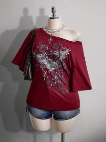 SHEIN ICON Camiseta holgada con hombros oblicuos y estampado punk para mujer de talla grande - Burdeos - Ver 4