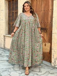 SHEIN CURVE+ Váy nữ dáng ôm US22, thích hợp cho lễ hội âm nhạc, kỳ nghỉ biển, phong cách bohemian, cổ chữ V, xếp ly, thích hợp mặc hàng ngày đi nghỉ mát. - Nhiều màu - Xem 6