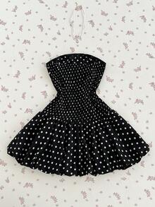 Elamini Black Polka Dot Print Strapless Backless Waist Drawstring Ruched Mini Dress, Women's Spring/Summer Fashion , Vintage Elegant Sweet Cute, Suitable For Wedding, Outing, Dating, Daily Wear - Black - View 2