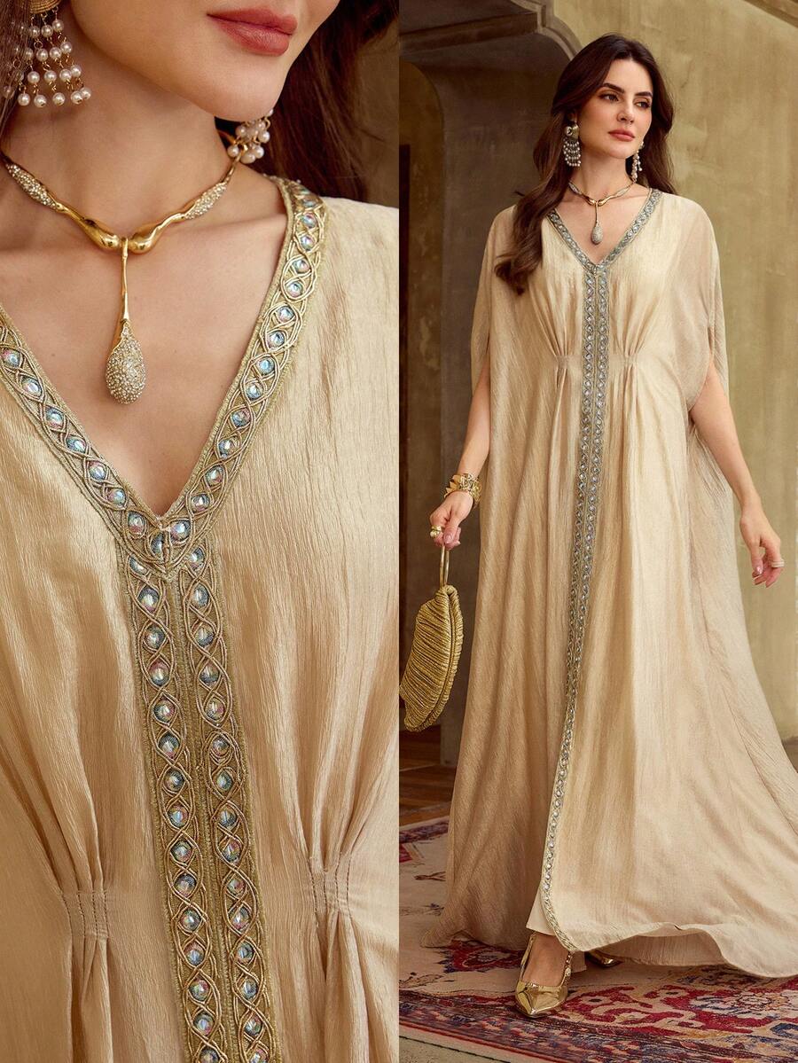 ZEYLAH 优雅V领编织纹理雪纺长袍，春夏款