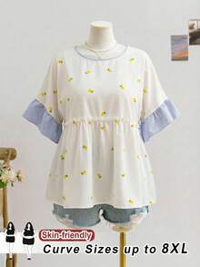 SHEIN CURVE+ Curve 尺码 US22 音乐节、海滨度假、波西米亚风女士休闲度假条纹V领拼接柠檬印花A-List Doll衬衫 - 彩色 - 查看 10