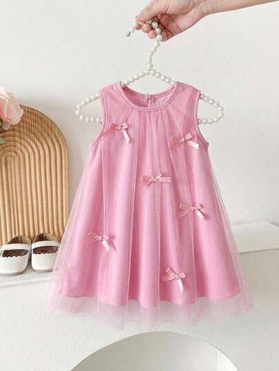 SHEIN Baby GirlSweet Dreamy Pink Mesh Dress, Adorned With Delicate Bow Decor, Suitable For Outings, Vacations, And Photo Shoots
