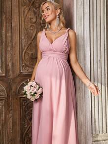 SHEIN Pink Summer Elegant Maternity Dress For Photoshoot,Pregnant Wedding Clothes,Solid Color Ruched Design Comfortable Camisole Dress - Pink - View 5