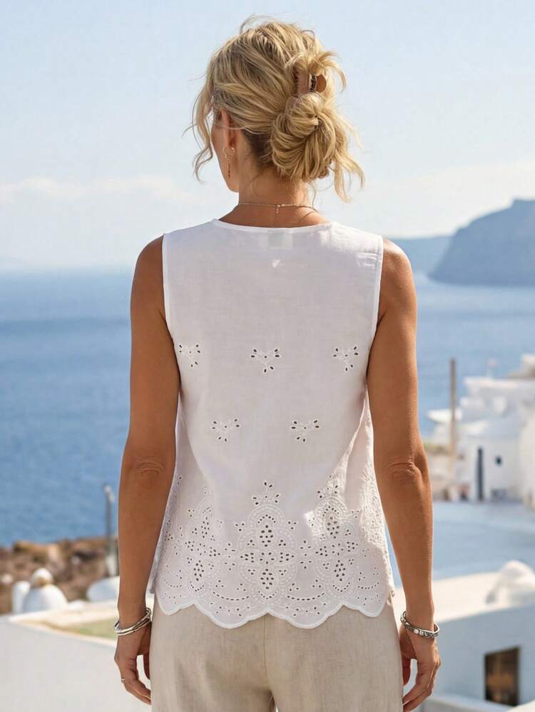 Notched Neckline Scallop Trim Eyelet Embroidery Blouse For Summer