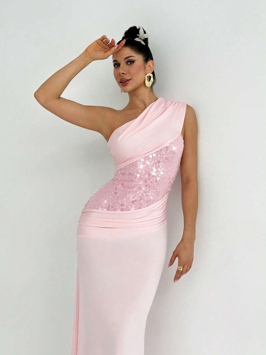 Firerie Elegant Minimalist Exquisite Romantic Dignified Banquet Festival Party Date Wedding Guest Holiday Asymmetric Draped Sequin Splice Pink Extra Long Dress - Pink - View 1