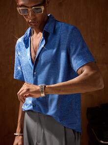 AKNOTIC Solid Color Front Button Casual Versatile Summer Short Sleeve Woven Shirt - Blue - View 4