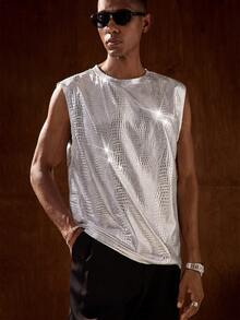 AKNOTIC 男款節日編織蛇紋PU寬帶黑色背心，適用於休閒穿著和音樂節 - 銀色 - 查看 4