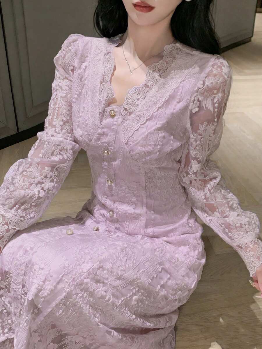 DAZY Elegant Lace V-Neck Women's Lace Dress, Suitable For Wedding Guest Attire In Spring Summer - Mauve Purple - View 1
