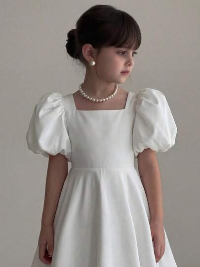 SHEIN Tween Girl Solid Color Square Neck Ruffle Waist Elegant Petal Sleeve Dress, Suitable For Party And Daily Wear