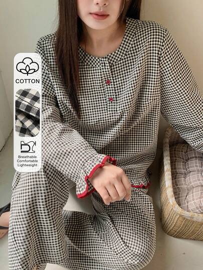 Dazy Plus 两件套格子宽松长袖上衣和长裤睡衣套装，春夏舒适家居服