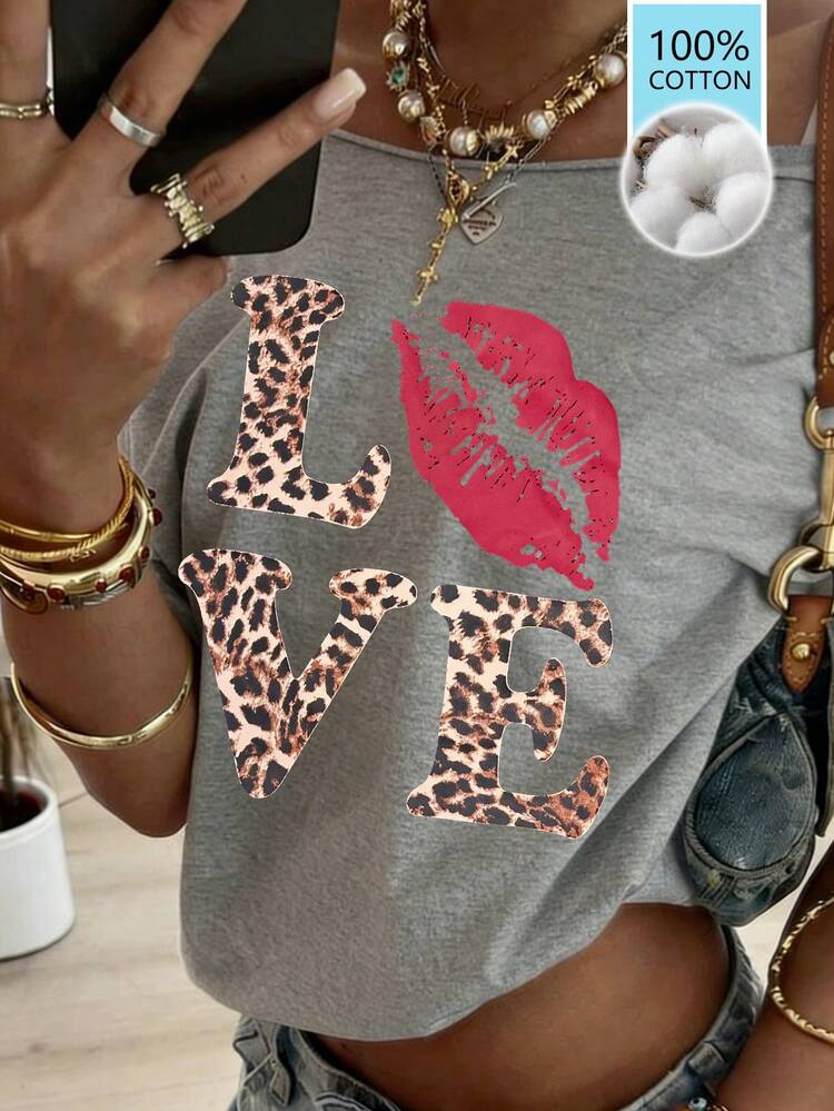 Loose Casual Leopard Print T-Shirt, Suitable For Spring, Summer, Valentine's Day, Beach, Resort Wear Graphic Tees Women