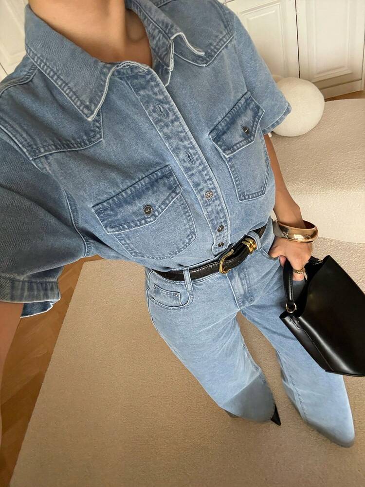 Women's Casual Washed Pocket Shirt And Wide Leg Jeans Suit, Spring/Summer