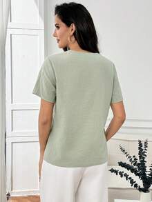 Miaspire Blusa holgada de manga corta con encaje de contraste 2 en 1 para mujer - Verde - Ver 2