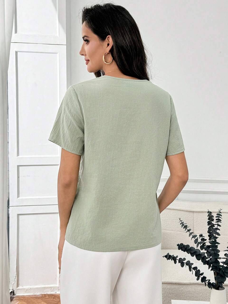 Women's Contrast Lace 2 In 1 Short Sleeve Loose Blouse,Cotton Sage Green Summer Elegant Tea Party Tops For Summer Casual Top