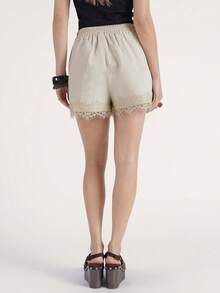 CielaLinda Women Solid Color Lace Patchwork Drawstring Waist Shorts - Khaki - View 2