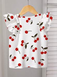 1pc Young Girl Cherry Print Flutter Sleeve Summer T-Shirt - Multicolor - View 2