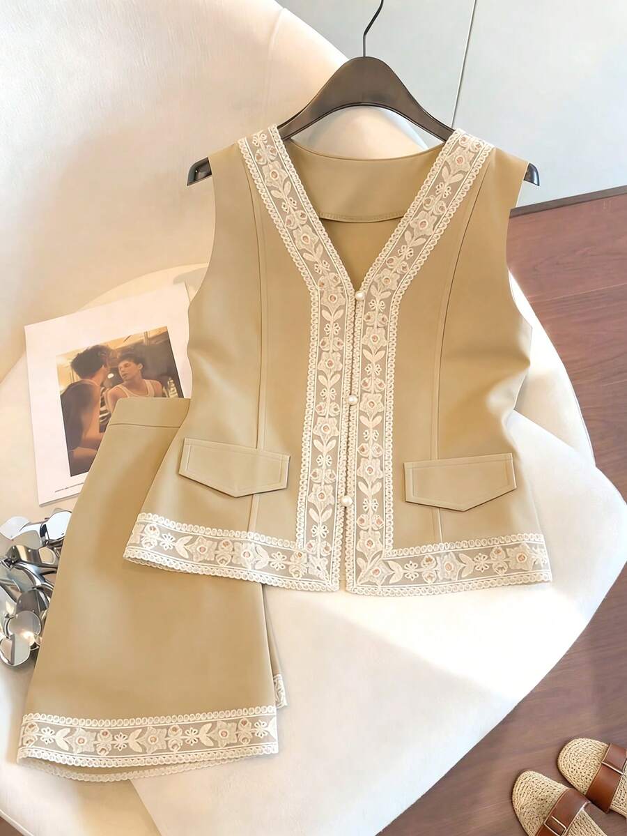 SHEIN Franclia Conjunto de 2 piezas de top de tirantes y falda de verano para mujer, con parches de encaje y cremallera - Caqui - Ver 1