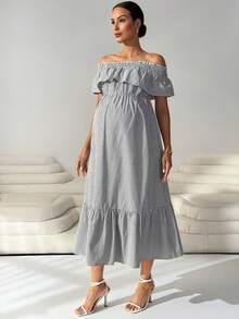 MaterniWear Schwangeren Frauen Off-Shoulder gestreiftes gerafftes modisches schickes Partytube-Kleid - Schwarz und Weiss - Übersicht 5