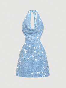 SHEIN MOD Đầm xanh dương lấp lánh đính sequin, cổ xếp ly và nơ – Phong cách lãng mạn, thích hợp cho tiệc tùng, đám cưới, dã ngoại, hẹn hò, trang phục mùa hè và xuân cho nữ, kỳ nghỉ xuân, du lịch, dã ngoại, lễ hội, sinh nhật. - Màu xanh lam - Xem 5
