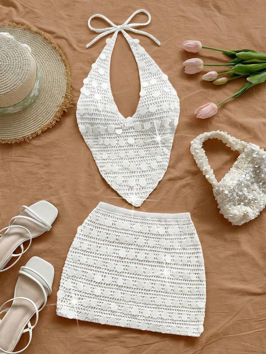 Soleia 女士性感V领系带露背吊带背心和高腰亮片毛衣两件套，适合派对、圣诞节、约会、夜店、海滩、邮轮、下午茶等场合，波西米亚风、浪漫花卉图案，度假钩针两件套，奶油色两件套，亮片两件套，秋冬季沙滩两件套 - 白色 - 查看 1