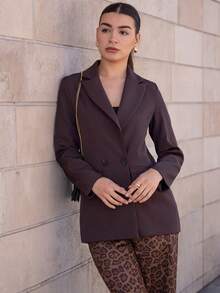 Andrea Bello Women's Business Style Solid Color Double-Breasted Blazer Jacket For Commuting, Autumn  - Coffee Brown - View 3