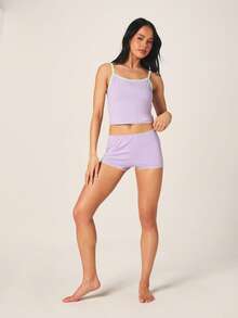 MISSGUIDED Cropped Cami And Hotpant Nightwear Set With Embroidery Detail Lavender Purple Mint Trim Pajama Sleepwear Two Piece Loungewear - Purple - View 4