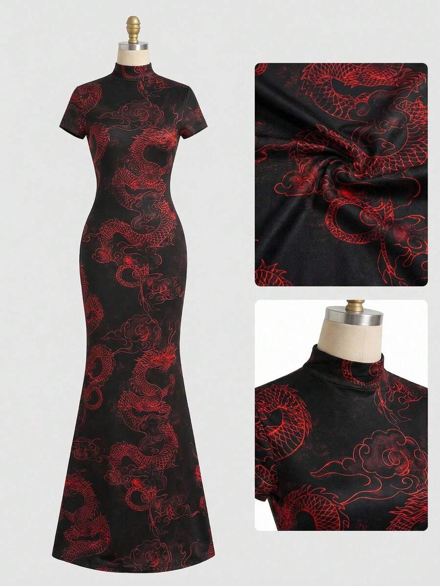 EastFlair 女士优雅龙纹鱼尾裙，夏季长款女装亚洲连衣裙旗袍连衣裙 - 彩色 - 查看 1