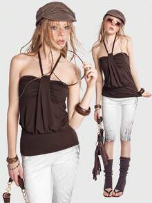 Bloopia Women's Knitted Halter Neck Tie Sleeveless Deep Brown Fashionable New Versatile Top - Brown - View 1