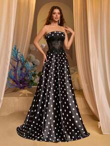 Glamrae Elegant & Luxurious Black & White Digital Print Contrast Lace Strapless Waist Cutout Maxi Formal Evening Gown - Black - View 6
