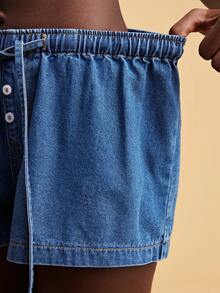 Travachic Quần short denim nữ kiểu dáng thường ngày, có dây rút ở eo, thích hợp cho mùa hè. - Rửa nhẹ - Xem 8