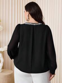 Modelyn Plus Size Women V-Neck Rhinestone Decor Casual Versatile Daily Wear Blouse Gym Brown Autumn - Black - View 2