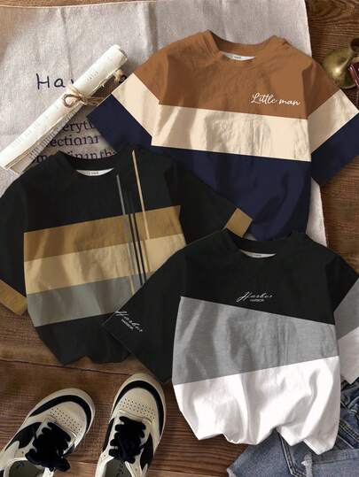 SHEIN 3件套男婴休闲简约上衣，经典撞色拼接印花短袖圆领T恤，适合夏季穿着