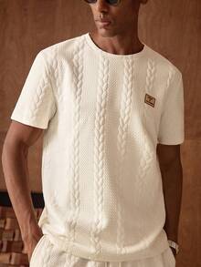 AKNOTIC 男士两件套针织休闲字母拼接夏季套装，街头风，舒适穿搭，情侣装 - 杏色 - 查看 1