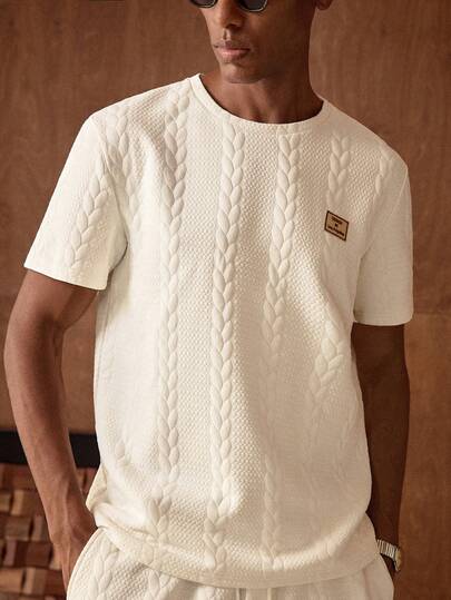 AKNOTIC 男士两件套针织休闲字母拼接夏季套装，街头风，舒适穿搭，情侣装