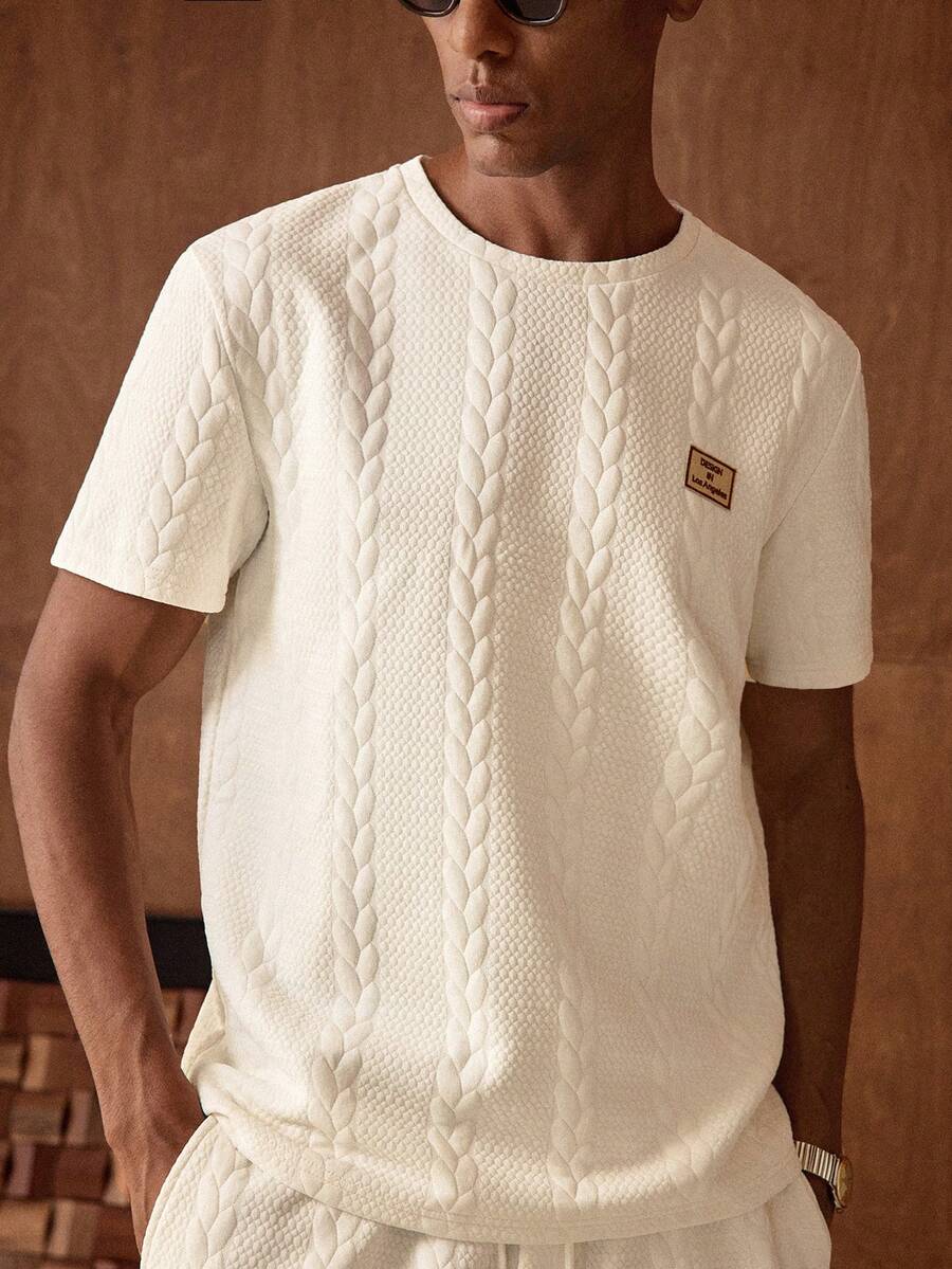 AKNOTIC 男士两件套针织休闲字母拼接夏季套装，街头风，舒适穿搭，情侣装 - 杏色 - 查看 1