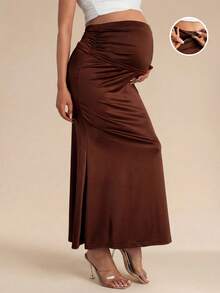 MaterniChic Maternity Summer Pregnant Brown Skirt, Fitted Straight Skirt With Pleats, Elegant - Mocha Brown - View 1