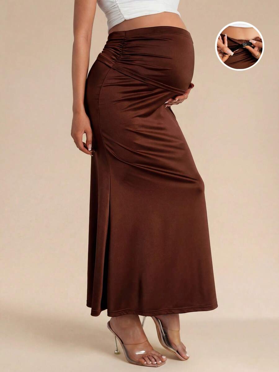 MaterniChic Maternity Summer Pregnant Brown Skirt, Fitted Straight Skirt With Pleats, Elegant - Mocha Brown - View 1